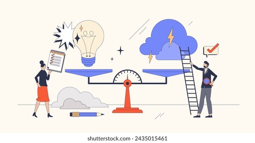 Risk assessment and business hazard measurement retro tiny person concept. Identify potential risks, crisis or financial loss over profit and earnings vector illustration. Company threat evaluation.