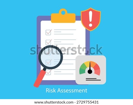 Risk Assessment Checklist Vector Illustration with Audit Review Shield Warning and Risk Meter Concept