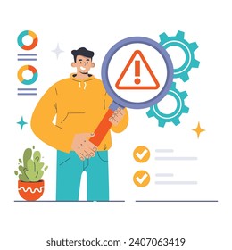 Risk Assessment concept. Confident man with magnifying glass focuses on hazard symbol, illustrating proactive hazard identification and prevention strategy. Secure operations focus. Flat vector