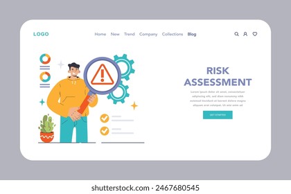 Concepto de evaluación de riesgos. Hombre seguro con lupa se centra en el símbolo de peligro, ilustrando la estrategia proactiva de Identificación y prevención de peligros. Enfoque de operaciones seguras. Vector plano