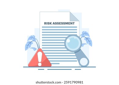 Risk Assessment Concept. Document with Magnifying Glass and Warning Sign. Analyze the level of potential danger, control or limit the loss. Flat Vector Illustration Design on background.