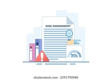Risk Assessment Concept. Document with Magnifying Glass and Warning Sign. Analyze the level of potential danger, control or limit the loss. Flat Vector Illustration Design on background.