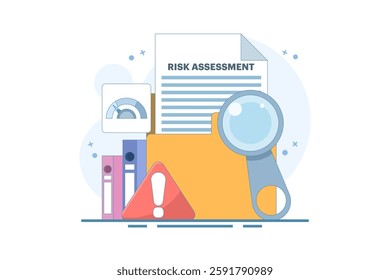 Risk Assessment Concept. Document with Magnifying Glass and Warning Sign. Analyze the level of potential danger, control or limit the loss. Flat Vector Illustration Design on background.