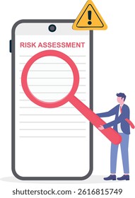 Risk Assessment Concept. Document with Magnifying Glass and Warning Sign. Analyze the level of potential danger, control or limit the loss. Flat Vector Illustration Design on background.


