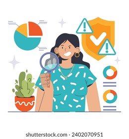 Risk Assessment concept. Expert woman with magnifying glass evaluates data, alongside symbols of caution and security shield. Highlighting potential hazards and safety protocols. vector illustration