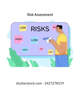 Risk assessment concept. Man analyzing risk levels with digital tablet. Strategic planning with risk categorization. Minimizing possible losses and mistakes. Flat vector illustration