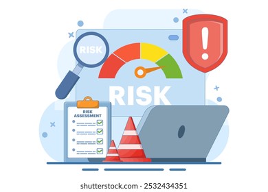 conceito de avaliação de riscos com velocímetro, gerenciamento de riscos. análise de dados do velocímetro, resolução de problemas, criação de estratégias de recuperação. gerenciamento de crises. Modelo de vetor de ilustração plana.