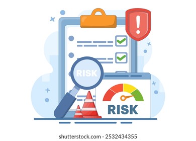 risk assessment concept with speedometer, Risk management. analyzing speedometer data, solving problems, creating recovery strategies. crisis management. Flat illustration vector template.