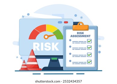 Risikobewertungskonzept mit Tachometer, Risikomanagement. Analyse von Tachometerdaten, Problemlösung, Erstellung von Recovery-Strategien. Krisenmanagement. Flache Vektorgrafik-Vorlage.