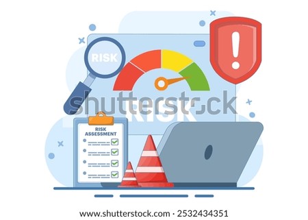 risk assessment concept with speedometer, Risk management. analyzing speedometer data, solving problems, creating recovery strategies. crisis management. Flat illustration vector template.
