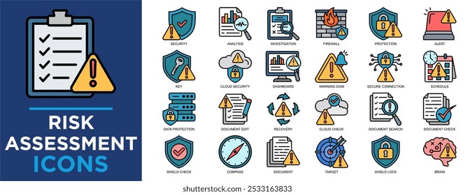 evaluación de riesgos, evaluación, riesgo, control, financiero, conjunto de iconos de gestión. Colección de iconos de contorno. Ilustración vectorial simple
