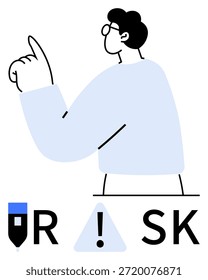 Risk assessment, hazard warning, decision-making, cautionary notice, safety measures, problem-solving. Minimalistic man pointing upward with a highlighted warning symbol. Risk assessment and hazard