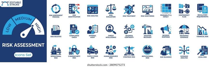 Risk assessment icon set. Containing risk analysis, risk evaluation, compliance check, cybersecurity risk, business continuity and more. Solid vector icons collection