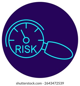 Risk assessment icon. Vector icon with thin lines on a dark blue circular background. Minimalistic pictogram of a magnifying glass over a risk gauge meter for analytics, security, and decision-making