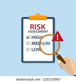 Risk assessment or identification analysis with hand hold magnifier and exclamation mark