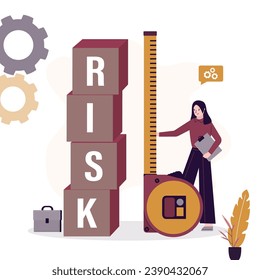 Risk assessment and investigation, analyze potential danger level, businesswoman uses measure tape and measuring risk word on blocks, risk management. Business strategy, planning. Vector illustration