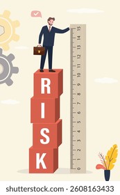 Risk assessment and investigation, analyze potential danger level, businessman uses wooden ruler and measuring risk word on blocks, risk management. Business strategy, planning. Vector illustration