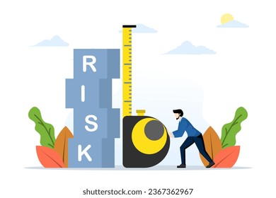 Risk assessment and investigation, analyzing the level of potential danger, measuring acceptable loss of money for investment, controlling or limiting losses, businessman measuring risk box with ruler