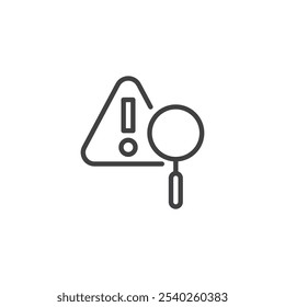 Ícone de linha Avaliação de risco. sinal de estilo linear para conceito móvel e web design. Ponto de exclamação e ícone do vetor de contorno da lupa. Símbolo de riscos de qualidade potencial, ilustração do logotipo. Gráficos vetoriais