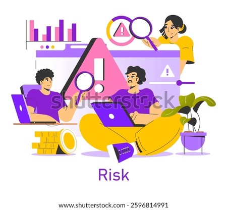 Risk assessment and management in a digital environment. Individuals analyze data and threats to identify potential issues. Emphasizes teamwork and vigilance in a modern workspace. Vector illustration