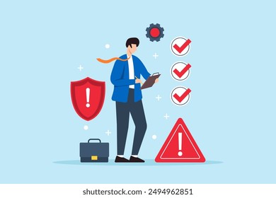 Risk assessment and management, identifying potential risks and mitigation strategies, ensuring project security concept vector illustration. Analyst with checklist and caution signs