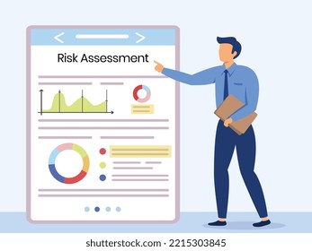 Risk assessment model with a person direction the rules of risk assessment. Person thumbs up and showing documentary rules of risk and assessment model. Hazard assessment document and risk level data.