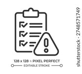 Risk assessment pixel perfect line icon. Documentation process. Warning sign, regulatory compliance. Isolated vector illustration. Outline symbol. Simple linear drawing. Editable stroke