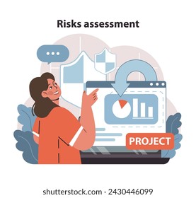 Risk Assessment in Project Management. A manager evaluates potential project hazards, ensuring preparedness and mitigation. Flat vector illustration.