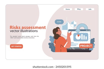 Risk Assessment in Project Management set. A manager evaluates potential project hazards, ensuring preparedness and mitigation. Flat vector illustration.