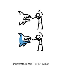 Risk assessment stickman vector illustration. Hand drawn dangerous shark. Bullet journal stick figure of fear clipart. 