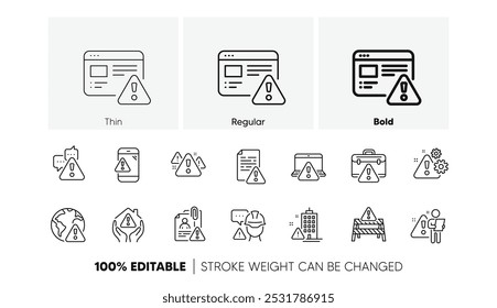 Atenção ao risco, Sinal de cuidado e Ponto de exclamação. Ícones de linha de avisos. Alerta de perigo, cuidado com erros, ícones de linha de informações urgentes. Risco de segurança, aviso de construção, erro de documentação. Vetor