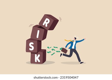 Risk averse, avoid or minimize risk, run away from uncertainty, fear or safety decision for investment, prefer security or stability concept, businessman investor run away from risk collapsing box.