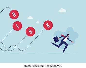 Risk averse, avoid or minimize risk, run away from uncertainty, fear or safety decision for investment, security or stability concept, Businessman investor run away from risk collapsing ball