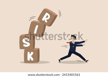 Risk averse, run away from uncertainty, fear or safety decision for investment, businessman investor run away from risk collapsing box.