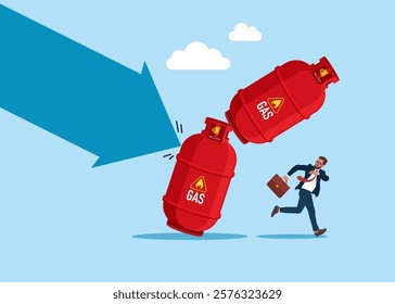 Risk of bankruptcy and losses. Falling natural gas price destroys tower of gas cylinders. Survive investment crash, crisis or recession. Modern vector illustration in flat style