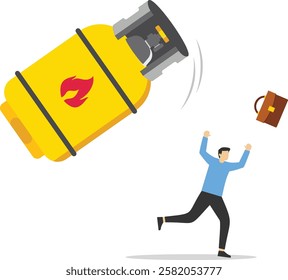 Risk of bankruptcy and losses. Falling natural gas price destroys tower of gas cylinders. Survive investment crash, crisis or recession. Modern vector illustration in flat style

