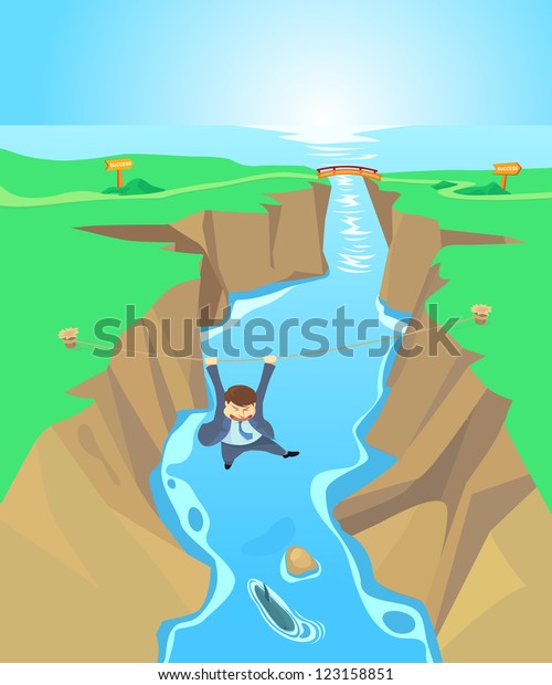 Risk business\
concept with a businessman climbing a rope across the chasm,\
Illustration by vector\
design.