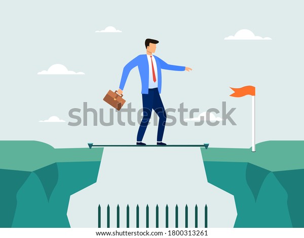 Risk in Business with man on flimsy bridge\
crossing between two cliffs above sharp pointed nails, colored\
vector illustration