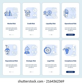 Categorías de riesgo pantalla de aplicación móvil de color azul claro incorporado. Recorrido de administración 4 pasos de páginas de instrucciones gráficas con conceptos lineales. UI, UX, plantilla GUI. Multitud de tipos de letra Pro-Bold, con uso regular