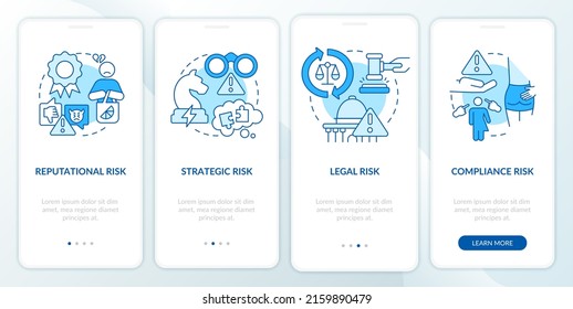 Risk categorizations blue onboarding mobile app screen. Potential issues walkthrough 4 steps graphic instructions pages with linear concepts. UI, UX, GUI template. Myriad Pro-Bold, Regular fonts used