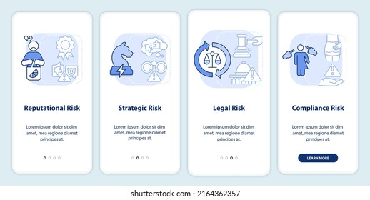 Risk categorizations light blue onboarding mobile app screen. Issues walkthrough 4 steps graphic instructions pages with linear concepts. UI, UX, GUI template. Myriad Pro-Bold, Regular fonts used