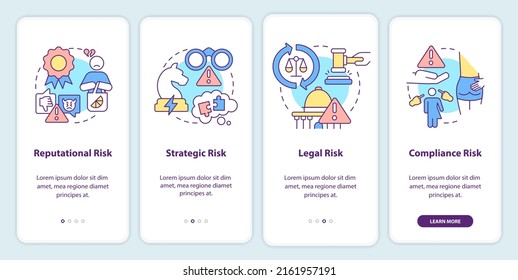 Risikokategorien auf dem mobilen App-Bildschirm. Potenzielle ProblemeDurchlaufen Sie 4-stufige grafische Anleitungen Seiten mit linearen Konzepten. UI, UX, GUI-Vorlage. Myriad Pro-kühne, Standardschriftarten verwendet