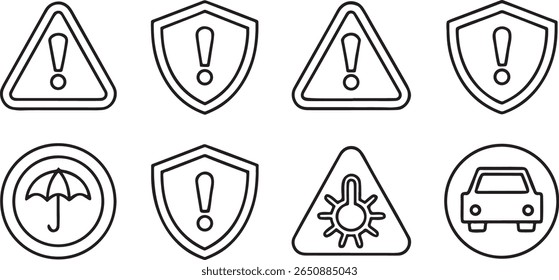 Conjunto de ícones de risco e cuidado, inclui sinal de aviso, símbolo de perigo, escudo, ponto de exclamação, perigo, seguro, incerteza, vetor mínimo de linha preta limpa