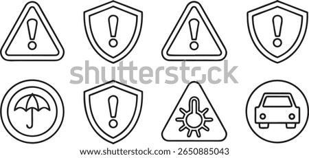 Risk and caution icon set, includes warning sign, danger symbol, shield, exclamation mark, hazard, insurance, uncertainty, clean black line minimal vector