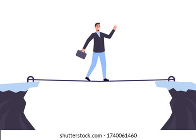 Risk challenge in business. Businessman walking on rope. Success in business concept. Vector illustration.