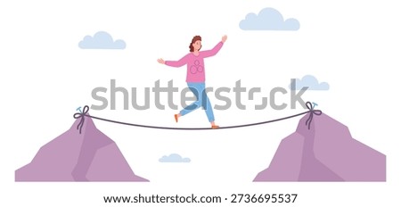 Risk challenge or danger concept. Woman walk on rope between mountain