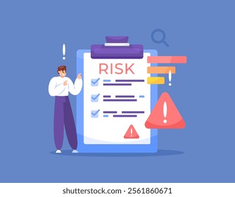 risk checklist concept. risk management to reduce the risk of accidents and errors. information. illustration of a man or businessman looking at a hazard list on a clipboard. flat design style