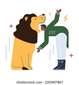 Risk concept. Challenge, danger or difficulty to overcome. Potential danger and adrenalin. Fearless circus character risking life. Flat vector illustration