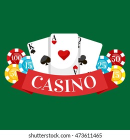 risk concept flyer or banner casino with poker cards suit hearts peaks baptize on green table and chips for playing the game money vector illustration, isolated deck