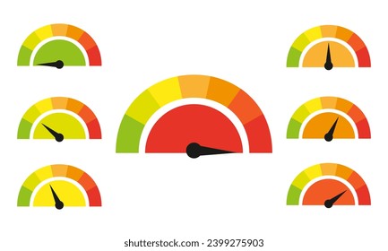 Risk concept on speedometer. Set with arrow movement. Vector icon	